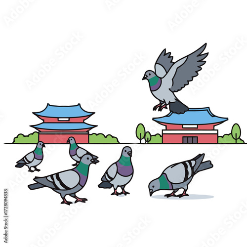 Flock pigeons gather in front traditional east asian architecture, with one pigeon taking flight