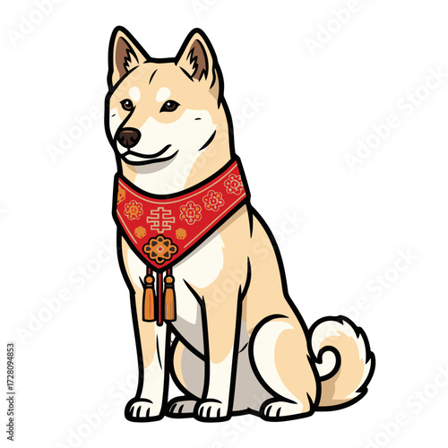 Cute shiba inu dog wearing decorative red and gold bandana with auspicious symbols, sitting attentively