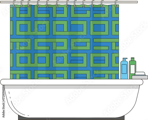 Modern white bathtub with geometric shower curtain vector illustration