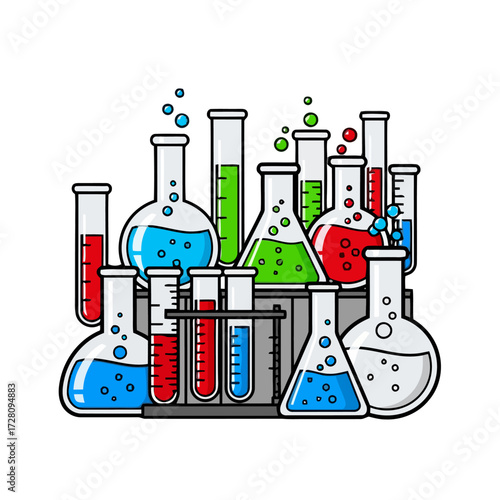 Collection colorful laboratory glassware, including beakers, flasks, and test tubes, filled with various colored liquids and bubbles, isolated on transparent