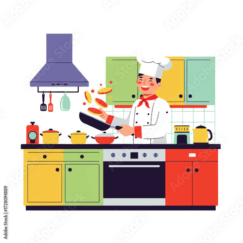 A chef in a white uniform and hat flips pancakes in a pan in a colorful kitchen with an oven and cabinets.