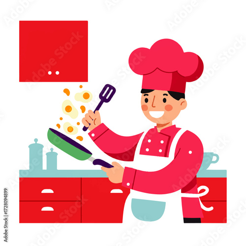 Cartoon chef in red uniform cheerfully flips eggs in a frying pan in a bright kitchen setting.