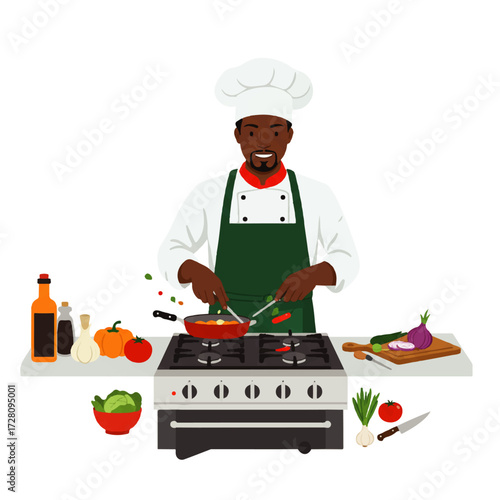 A smiling African-American chef in uniform cooks food in a pan on a stovetop, surrounded by fresh ingredients.