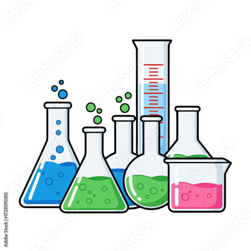 Collection laboratory glassware including beakers, flasks, and graduated cylinder filled with colorful liquids, isolated on transparent