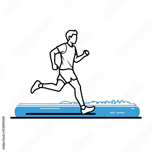 Line drawing man running on treadmill with city skyline in the, isolated on transparent