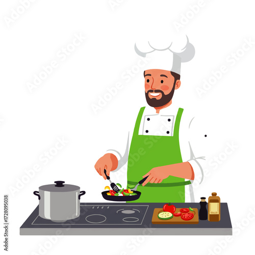 Smiling male chef with beard and hat cooking vegetables in a pan on a stove top with ingredients nearby.