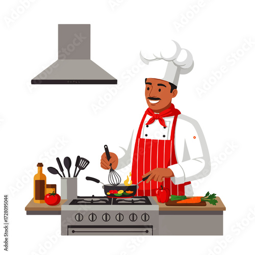 A cheerful chef with a red apron cooks vegetables in a pan on the stove in a kitchen setting, with utensils and ingredients nearby.