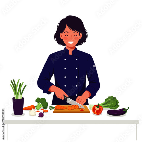 Smiling woman chef in uniform cutting carrots on a wooden board surrounded by various fresh vegetables on a white counter.