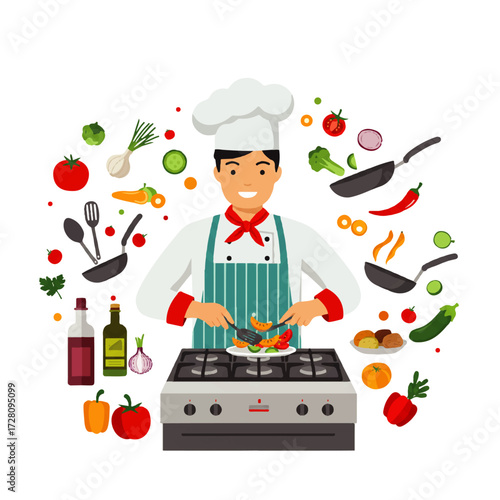 A smiling chef cooks food on a stove surrounded by vegetables, fruits, cooking utensils, and bottles of oil and vinegar.