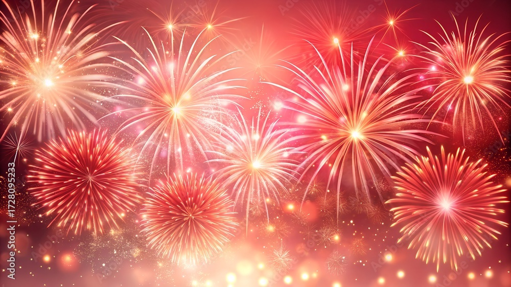 Naklejka premium Vibrant red and gold fireworks exploding in the night sky