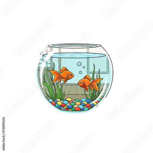 Two goldfish swimming in round fishbowl filled with clear water, green aquatic plants, and colorful pebbles at the bottom