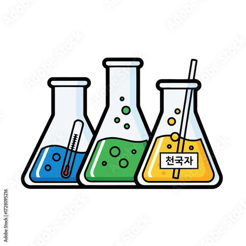 Three laboratory flasks with colorful liquids and thermometer