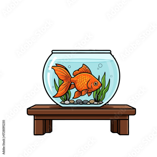Goldfish in round bowl on wooden stand