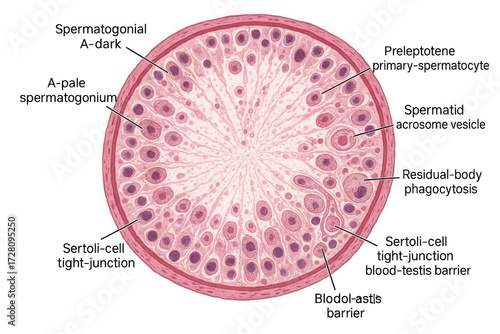 Cross-section of a human seminiferous tubule showing spermatogenesis and Sertoli cells, with labels.
