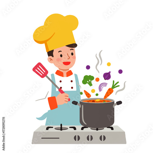 Cartoon chef cooking a stew on a stove, vegetables floating above the pot, holding a spatula.