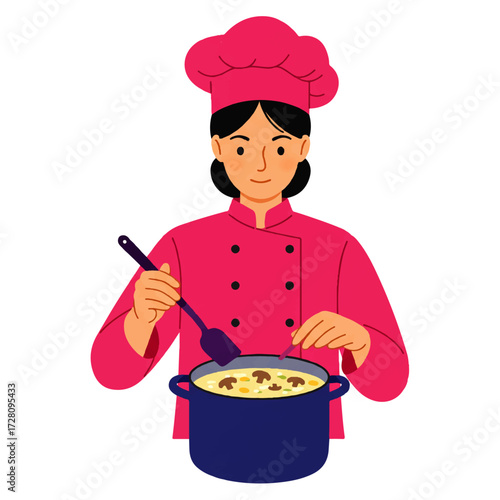 A female chef in a pink uniform stirs a pot of soup with mushrooms, preparing a meal.