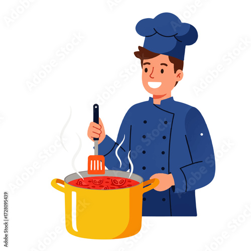 Smiling chef in blue uniform stirs a pot of red sauce with a spatula, steam rising.