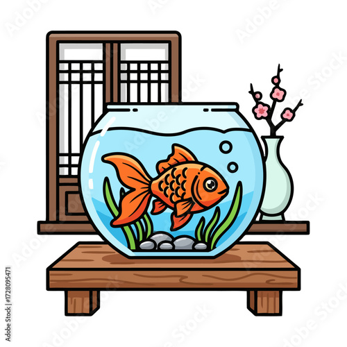 Cartoon goldfish swimming in round fishbowl filled with water, green plants, and pebbles, placed on wooden stand with traditional korean window and vase with flowers in the