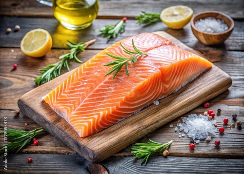 Fresh raw salmon fillet with skin on a kitchen cutting board