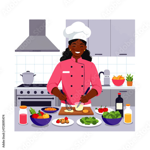 Smiling female chef in pink uniform whisking ingredients at a kitchen counter surrounded by fresh produce and cooking appliances.