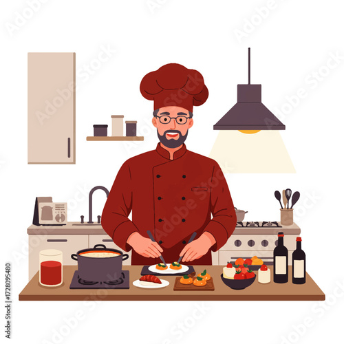 A male chef in a red uniform and hat prepares food in a modern kitchen, garnishing appetizers with a focused expression.