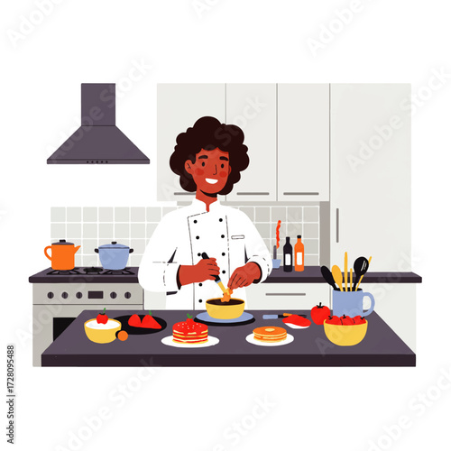 A smiling chef with curly hair prepares desserts in a bright, modern kitchen, surrounded by various sweets and cooking utensils.