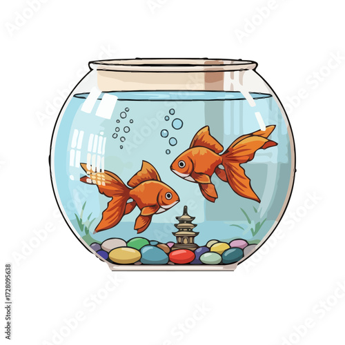 Two orange goldfish swimming in clear glass fishbowl with colorful pebbles and miniature pagoda at the bottom