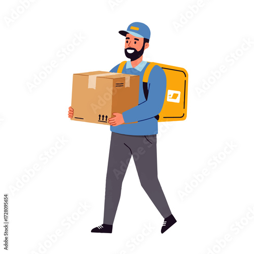A delivery man with a beard wearing a cap and carrying a cardboard box and a delivery bag.