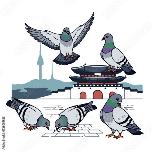 Flock pigeons in front traditional korean building and modern tower, with one pigeon flying