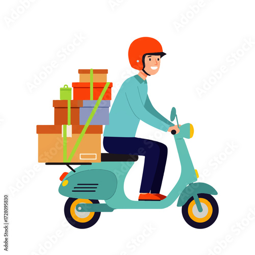 A delivery man wearing a helmet rides a scooter with stacked packages on the back, smiling.