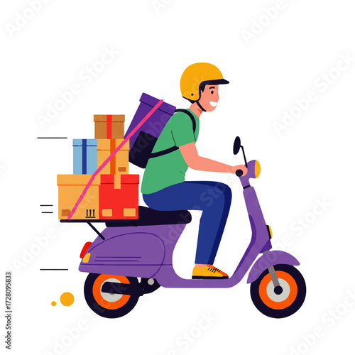 A delivery man on a purple scooter is transporting packages, wearing a yellow helmet and smiling.