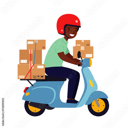A delivery man with a red helmet rides a blue scooter carrying multiple cardboard boxes secured with red string.