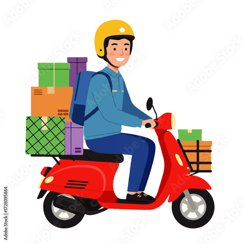 Cartoon illustration of a delivery man riding a red scooter with packages stacked high, wearing a yellow helmet and smiling.