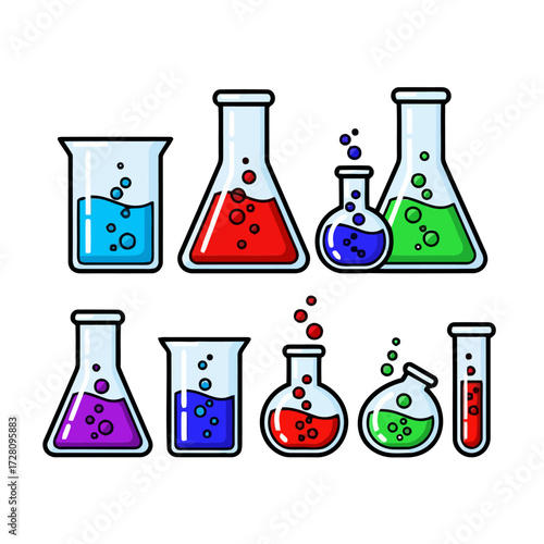 Assortment laboratory glassware including beakers, flasks, and test tubes filled with colorful liquids and bubbles