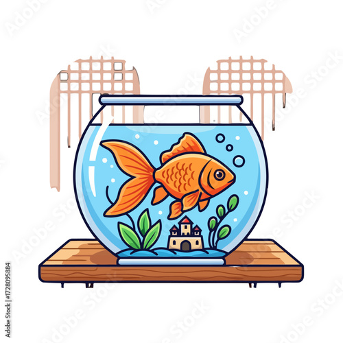 Cute cartoon goldfish swims in round fishbowl with miniature castle and plants at the bottom, placed on wooden stand, with blurred suggesting room