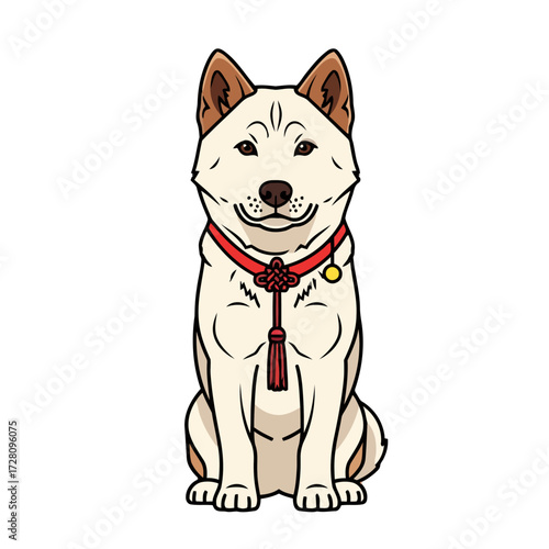 Sitting shiba inu dog wearing red collar with decorative knot and yellow tag