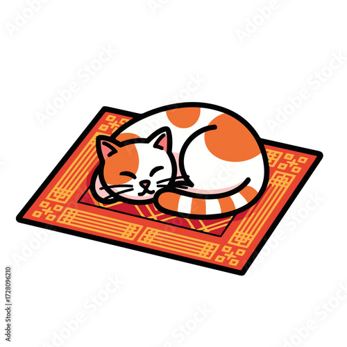 Cute, cartoonstyle orange and cat curled up asleep on red, patterned rug, isolated on transparent