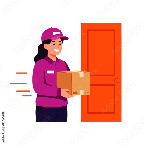A cheerful delivery woman in a pink uniform holds a cardboard box in front of a bright orange door, indicating fast delivery.