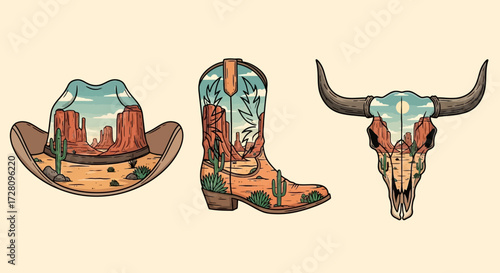 Illustrative set of western-themed items featuring desert landscapes: a cowboy hat, a boot, and a bull skull with canyons and cacti.