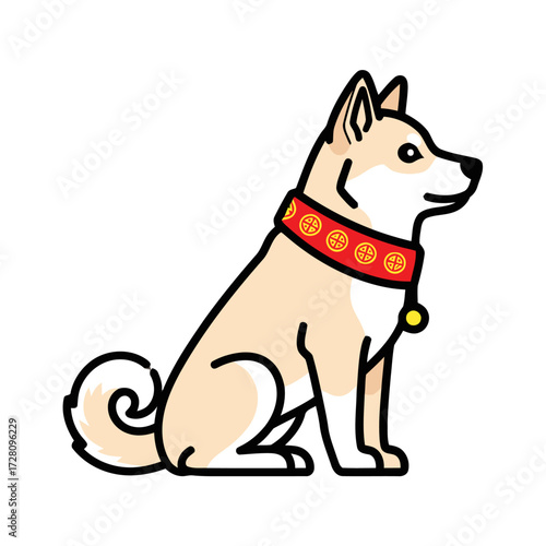 Cute cartoon shiba inu dog sitting and looking to the side, wearing red collar with gold coinlike ornaments