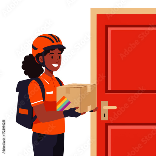 A delivery woman wearing a helmet and backpack hands a package with a rainbow sticker to a red door.