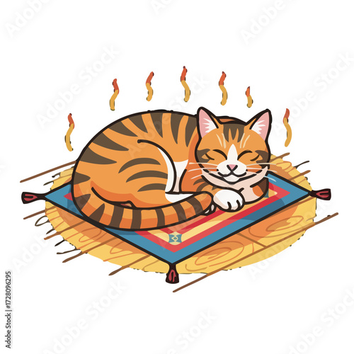 Cute, striped orange tabby cat curled up asleep on colorful rug, with steam rising to indicate warmth, isolated on transparent