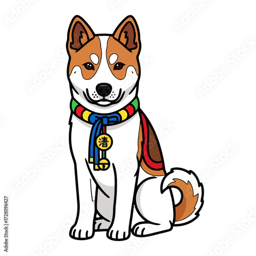 Cute cartoon shiba inu dog wearing colorful scarf with bells, sitting happily