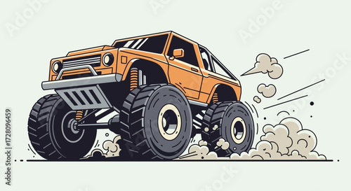 Dynamic illustration of an orange monster truck with huge tires kicking up dust.