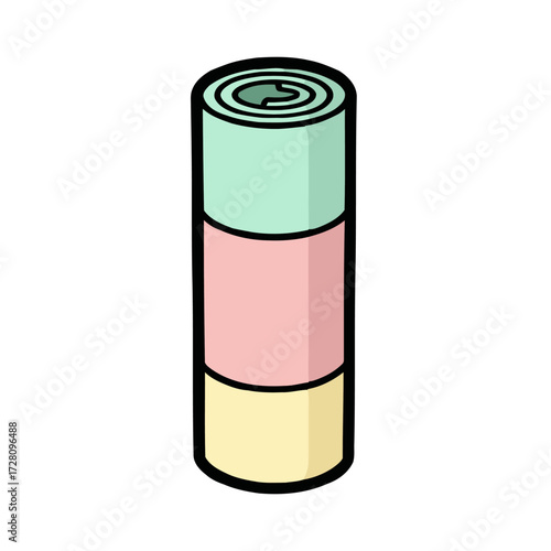 Rolled up sleeping bag or mat in pastel colors mint green, pink, and yellow