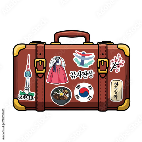 Vintage brown suitcase covered in travel stickers, including the n seoul tower, korean dress hanbok, korean food, the korean flag, and cherry blossoms