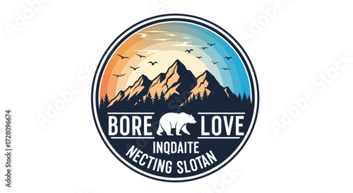 Circular logo featuring a mountain range, a bear silhouette, flying birds, and a colorful gradient sky, with text 'BORE LOVE' and 'INQDAITE NECTING SLOTAN'.
