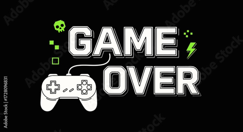 A stylized 'GAME OVER' text with a white game controller and green pixel art elements on a black background.