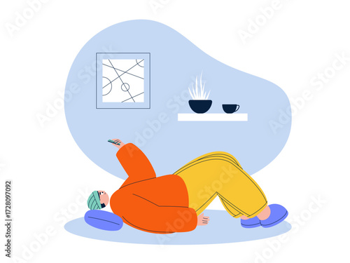 Playing mobile phone while lying on the floor. Laziness illustration. Flat vector illustration.