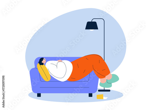 Woman lying on the sofa and letting water spill. Laziness illustration. Flat vector illustration.